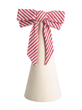 Set of three decorative Christmas tree sitters with striped bows

Velvet and cotton tabletop Christmas trees with red and white bows

Bow tree holiday decor in green, white, and striped cone designs