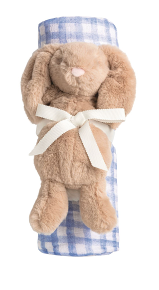 “Blue check muslin baby swaddle with plush bunny rattle”