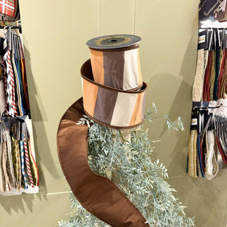 John Mark Sharp Dupion Block Stripe Ribbon featuring brown, cream, and orange vertical stripes with a coordinating brown dupion backing.