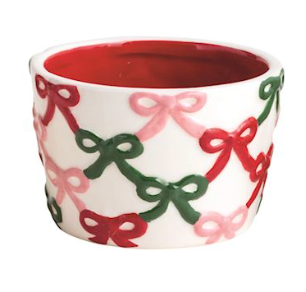 Hand-painted ceramic Christmas tidbit dishes featuring festive designs including holly, Santa, bows, and a reindeer with dimensional exterior details.