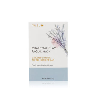 YUZU Charcoal Clay Facial Mask packet with activated charcoal, tea tree, and bentonite clay for oily and combination skin