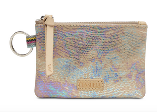Consuela Gloria Pouch with iridescent textured leather and keyring

Iridescent leather Consuela Gloria zip pouch with natural leather trim

Consuela Gloria Pouch interior with credit card slot and zipper closure

Small Consuela leather pouch with shimmering iridescent finish