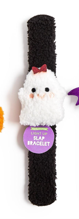 Halloween plush LED slap bracelet with festive pumpkin, ghost, and bat characters.