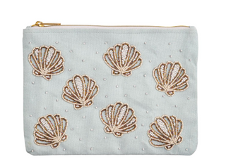 Coastal luxe embroidered canvas zipper clutch with beading
