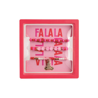 Pink and red Fa La La holiday beaded bracelet set in gift packaging

Set of three festive holiday stretch bracelets with Christmas charm

