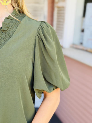Ava Top olive short bubble sleeve smocked neck blouse for women