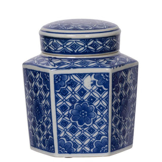 Mini chinoiserie porcelain jar with blue floral pattern and lid