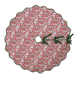 Christmas Block Print Tree Skirt with a festive red, green, and white floral block print pattern, scalloped edge, and decorative ribbon tie, 54-inch diameter.