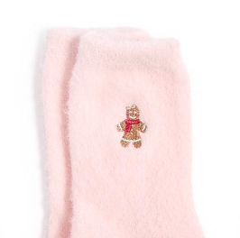 Pink fuzzy Christmas socks with embroidered holiday icons