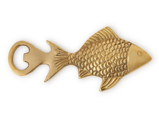 Brass fish bottle opener with textured scale detail on decorative gift card

Fish-shaped solid brass bottle opener with coastal nautical design

Decorative brass fish bottle opener for bar or entertaining

Nautical brass bottle opener shaped like a fish, gift-ready