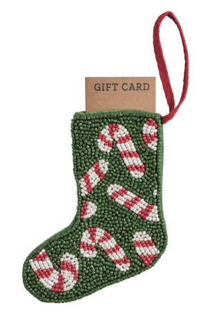 Beaded Stocking Ornaments with festive Christmas designs and grosgrain loop hangers, perfect for holding gift cards or cash.