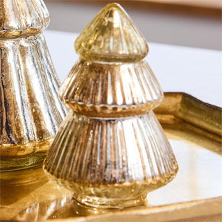 Gold mercury glass Christmas tree candle

Holiday mercury glass candle in gold tree shape

Shimmering gold tree candle for holiday décor

Metallic mercury candle shaped like a Christmas tree

Gold glass holiday candle for mantel or tabletop