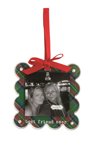 Tartan Photo Ornaments with scalloped acrylic frames, magnetic construction, grosgrain ribbon bows, and hanging loops for displaying 3" x 3" photos.