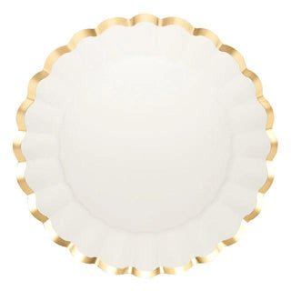 White scalloped charger plate with gold trim

Elegant gold and white disposable charger plate

Scalloped edge paper plate with metallic gold border

Classic white charger plate for parties and events

Gold-rimmed scalloped paper charger plate