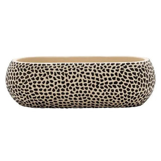 Beige Textured Pebble Oval Planter made of concrete with an organic pebble-inspired surface, perfect for succulents and small plants.