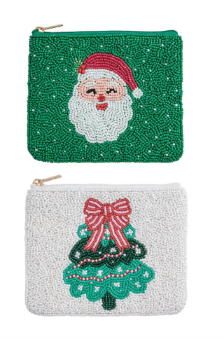 Christmas Beaded Cases featuring hand-beaded Santa and Christmas tree designs with zip-top closures and fully lined interiors.