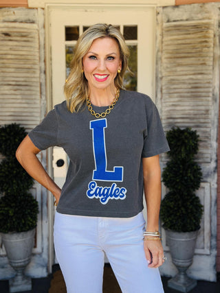 Grey Lindale Eagles T-shirt featuring a large blue L graphic with Eagles lettering.
