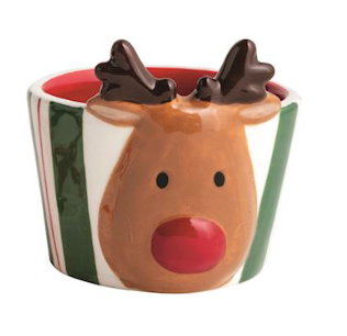 Hand-painted ceramic Christmas tidbit dishes featuring festive designs including holly, Santa, bows, and a reindeer with dimensional exterior details.