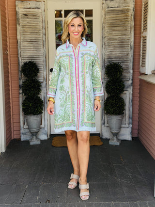 Ivy Jane Paisley Shift Dress in light blue with green paisley print, button-front design, collared neckline, three-quarter sleeves, and side pockets.