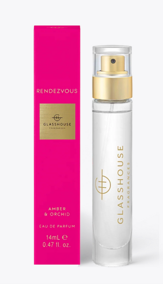 Glasshouse Rendezvous perfume bottle and pink box

Rendezvous Eau de Parfum by Glasshouse Fragrances

Glasshouse Rendezvous amber and orchid fragrance

Rendezvous 14ml travel perfume spray with gold cap

Glasshouse Fragrances Rendezvous scent in pink packaging