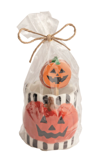 Halloween Toothpick Caddy Set featuring hand-painted ceramic holders with ghost, pumpkin, skeleton, and candy corn designs, including six decorative wooden toothpicks with cardstock toppers.