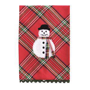 Red tartan plaid hand towel with bouclé snowman appliqué and crochet trim

Christmas kitchen towel featuring snowman design with plaid scarf and hat

Holiday tartan towel with snowman embroidery and decorative trim

Festive red plaid towel with bouclé snowman and green crochet edging