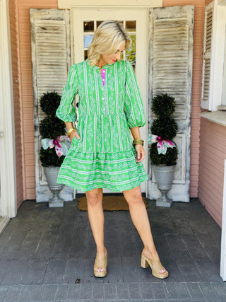 Riley Garden Lace dress in green with puff sleeves