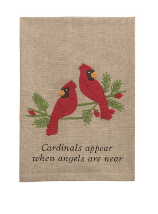 Linen hand towel with embroidered red cardinals on branch

Two cardinal embroidered towel with sentimental quote

Cotton towel featuring cardinals and “angels are near” message