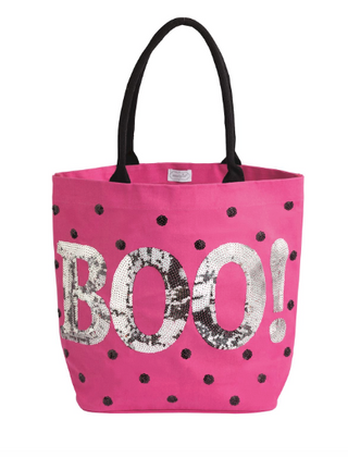 Halloween Sparkle Totes featuring sequin appliqué designs including BOO!, spider webs, and jack-o'-lanterns with cotton webbing handles.