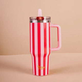 40 oz Peppermint Stripes Tumbler by The Darling Effect

Red and pink striped insulated tumbler with straw lid

The Darling Effect 40 oz tumbler in candy cane stripe design

Holiday travel tumbler with handle and flip straw lid