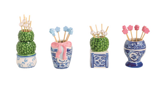 Hand-painted ceramic topiary toothpick caddy with decorative icon toothpicks