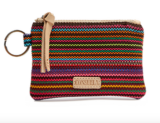 Consuela Ale Pouch with colorful woven textile exterior and keyring

Woven stripe Consuela Ale Pouch with zipper closure

Interior view of Consuela Ale Pouch showing compact storage

Small woven Consuela pouch with attached keyring