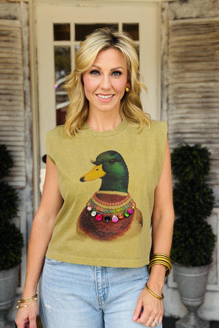 Jeweled Collar Mallard Duck Shirt on a faded army American Apparel boxy fit muscle tee