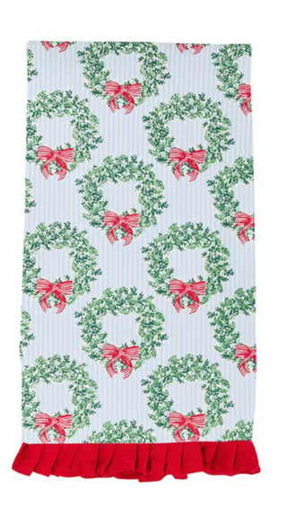 Tea Towel Wreath & Ribbon with Red Ruffle Trim
