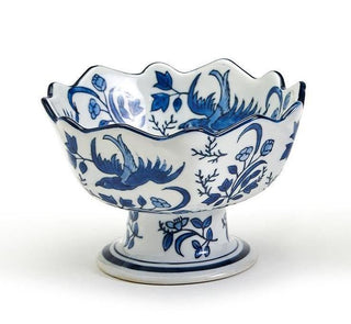 Blue & White Bird Scalloped Edge Footed Bowl