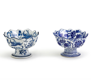 Blue & White Scalloped Edge Hand-Painted Footed Bowl with floral porcelain design