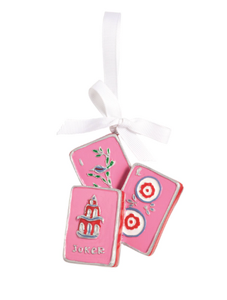 Mahjong Ornament featuring three pink enamel Mahjong tiles with a white grosgrain ribbon hanger.
