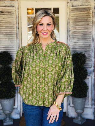 Ivy Jane Yoke Embroidered Top in green featuring a tonal block print, colorful embroidered yoke, button-front design, and long sleeves.