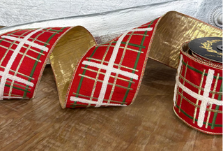 ohn Mark Sharp Embroidered Red Green and Gold Plaid Christmas Ribbon