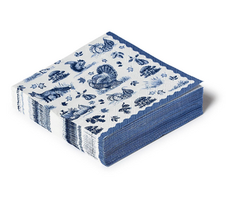 Falling for Blue Toile cocktail napkins featuring blue toile illustrations of turkeys, foxes, pumpkins, squirrels, mushrooms, and autumn foliage.