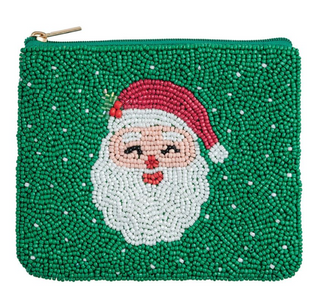 Christmas Beaded Cases featuring hand-beaded Santa and Christmas tree designs with zip-top closures and fully lined interiors.