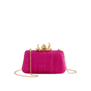 Pink raffia minaudiere clutch with gold hardware and chain strap