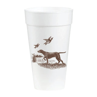 White 20 oz foam cup featuring a hunting Labrador Retriever in a marsh with flying ducks, sold in a sleeve of 8 insulated foam cups.
