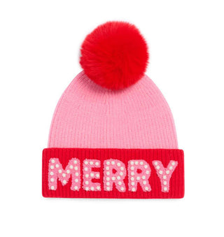Pink and red Merry beanie with pearl lettering and pom

Holiday beanie with Merry letters and red pom

Pink knit hat with red cuff and pearl Merry design

Festive winter beanie with pom and pearl details

Merry Christmas beanie in pink and red with pearls