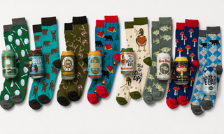 Men’s beer can socks gift set with fun novelty sock designs including bears, fishing, camping, ducks and mushrooms.
