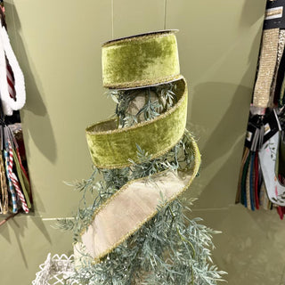 John Mark Sharp Apple Green Velvet Ribbon with metallic gold dupion backing and shimmering gold tinsel edge, 2.5-inch decorative ribbon.