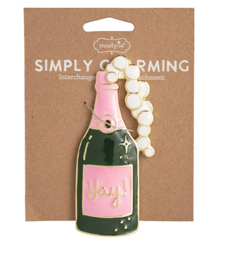 Champagne Simply Charming Charm featuring a festive champagne bottle with pink "Yay!" label and magnetic backing for interchangeable serveware.