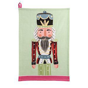 Green cotton nutcracker Christmas towel with pink trim

Holiday kitchen towel featuring nutcracker soldier design

Whimsical green nutcracker hand towel with hanging loop

Christmas decorative tea towel with nutcracker print