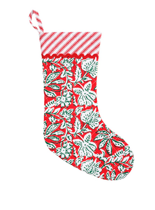 Floral Christmas Block Print Stocking featuring a festive red, green, and white floral block print, French ticking stripe cuff, ric-rac trim, and canvas backing.