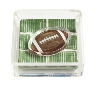 Football Napkin Caddy Set with acrylic holder, acrylic football paperweight, and green football field cocktail napkins for game day entertaining.